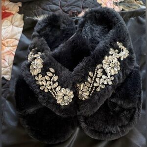 Black Faux Fur Slippers with Rhinestone Floral Design